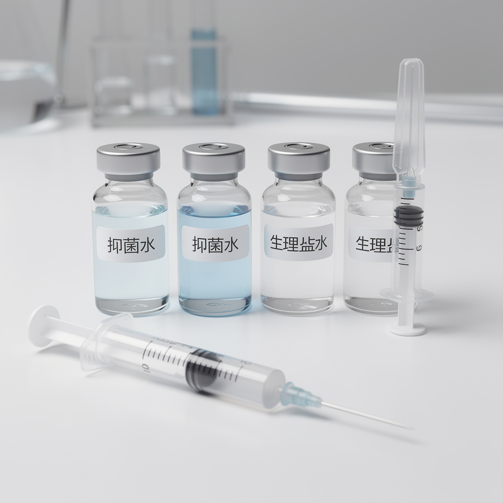 实验台上排列的抑菌水与生理盐水小瓶及注射器特写