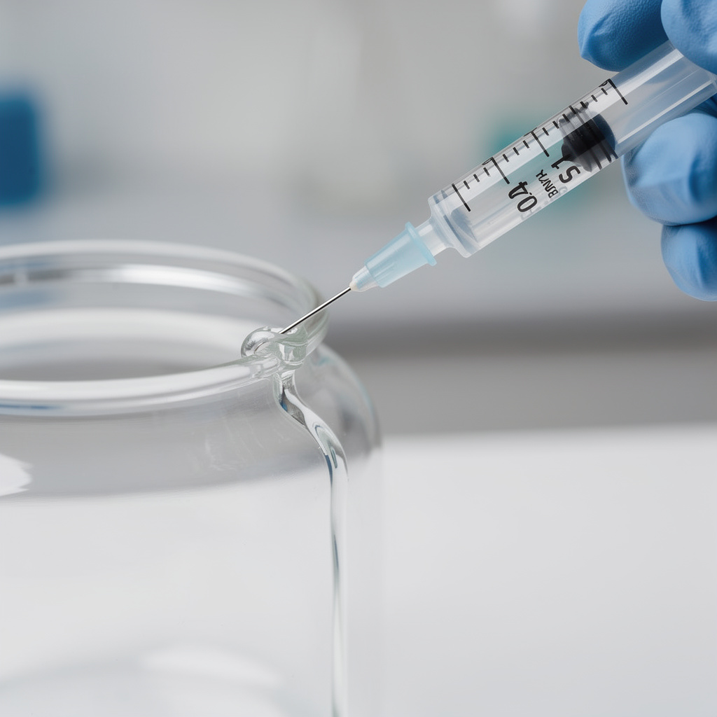 研究人员用注射器沿瓶壁缓慢注入溶媒的操作特写